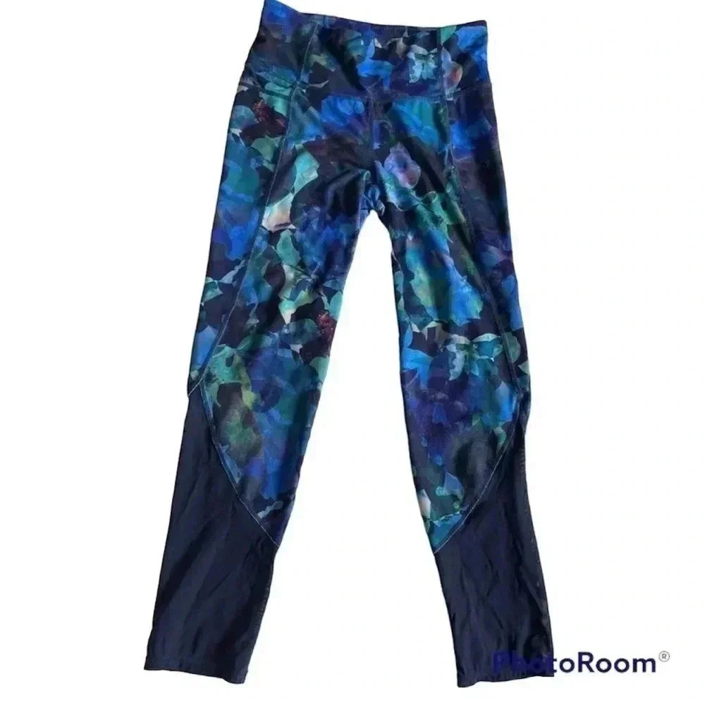 Athleta Cropped Floral Multi Blue Green Purple Mesh Calf Leggings Women'…